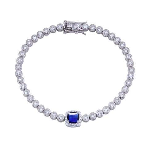 Sterling Silver Green CZ Blue Halo Center Bubble Tennis Bracelet