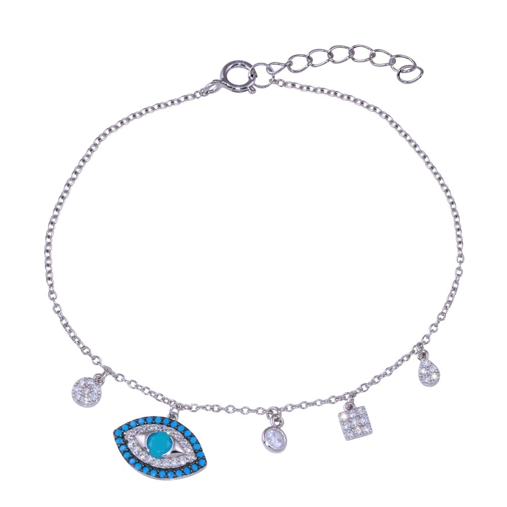 Sterling Silver Evil Eye Dangling Charms Turquoise And Clear CZ Bracelet