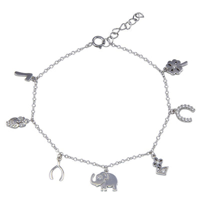 Sterling Silver Multi Charm CZ Adjustable Bracelet