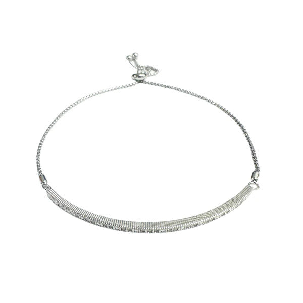 Sterling Silver Rhodium Plated ID Clear CZ Lariat Bracelet Chain Length-6-8inches, Chain Dimension-1mm, ID Dimension-46.8mmx1.6mm