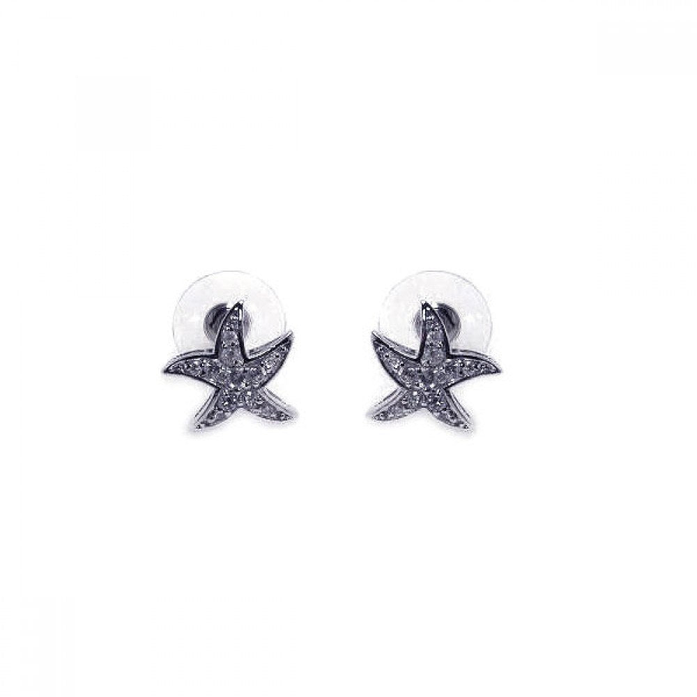 Sterling Silver Rhodium Plated Wavy Starfish Shaped  Stud Earring With CZ Stones