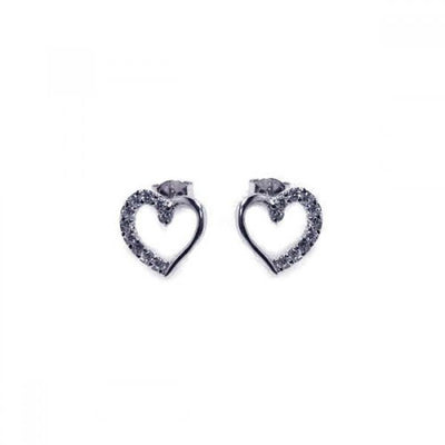 Sterling Silver Rhodium Plated Open Heart CZ Stud Earrings