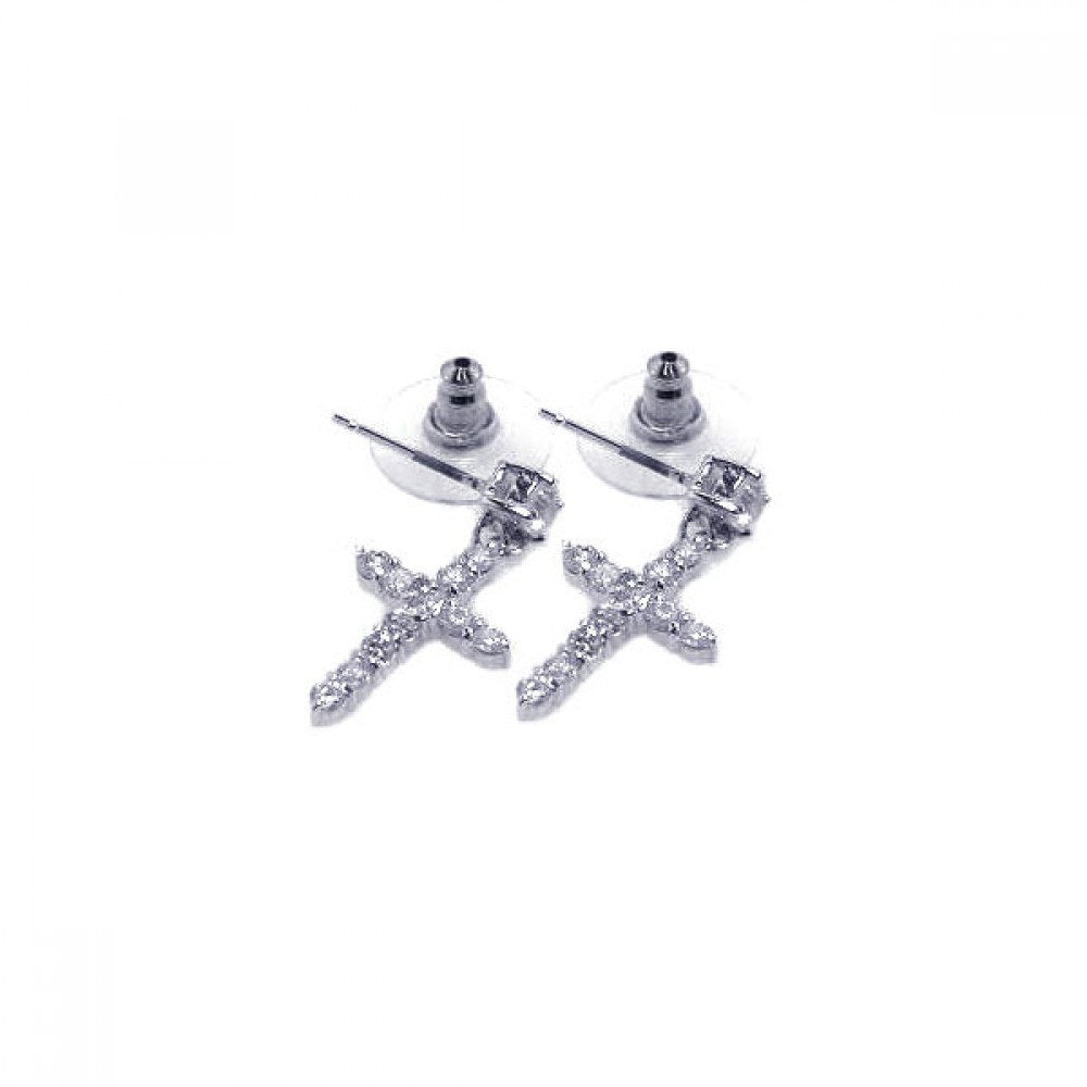 Sterling Silver Rhodium Plated Cross Shaped  Stud Earring With CZ Stones