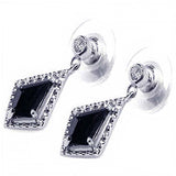 Sterling Silver Classy Diamond Shaped Black Cz with Paved Halo Setting Drop Dangle Stud Earring