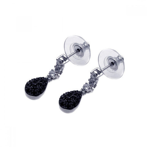 Sterling Silver Fancy Round Cut Clear Czs with Teardrop Shaped Design Embedded with Black Czs Dangle Stud Earring