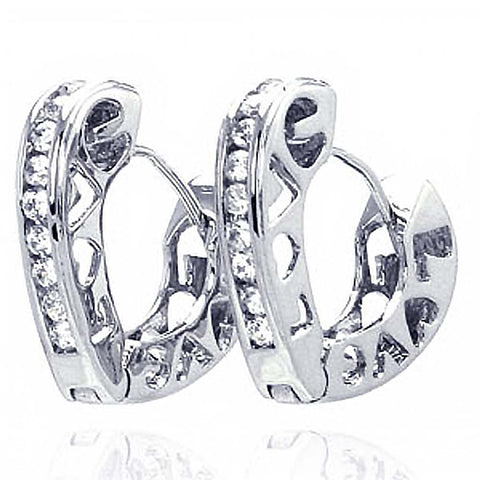 Sterling Silver Modish Heart Hoop Earring with Love Design and Clear Czs on Channel Setting