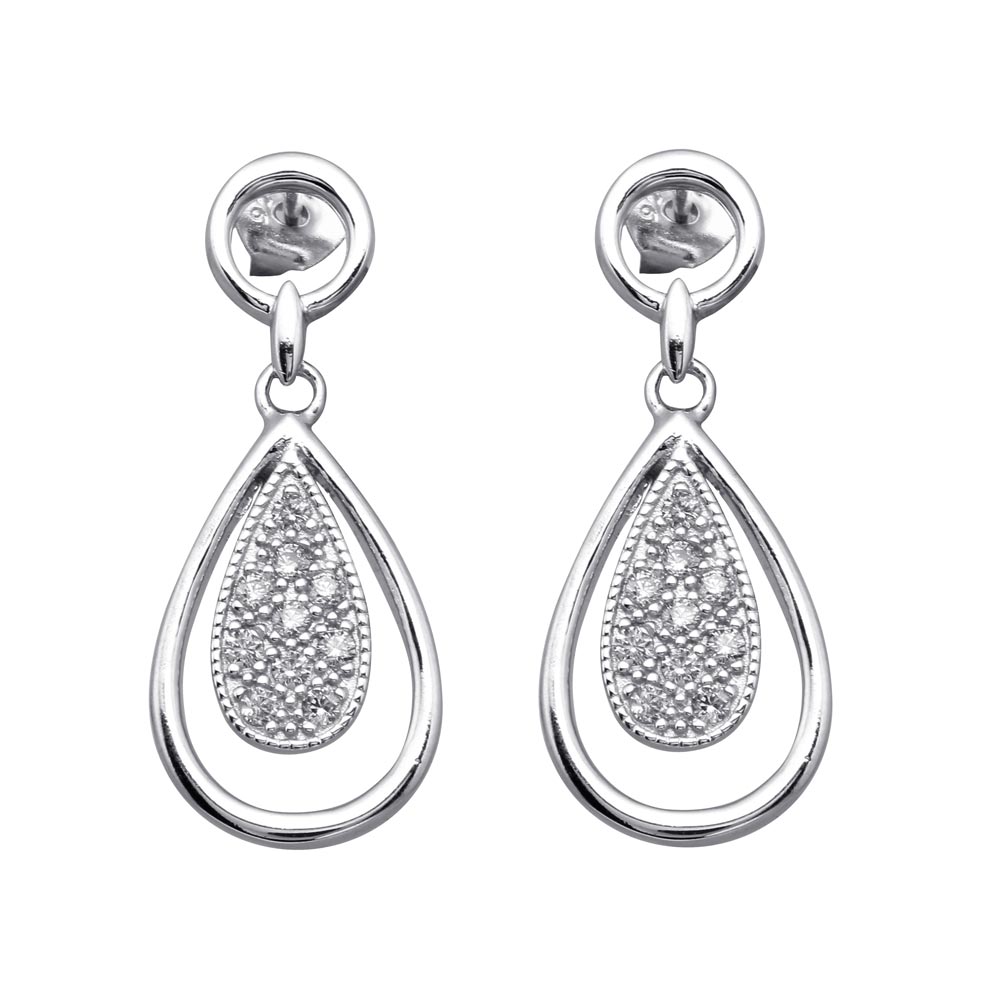 Sterling Silver Modish Double Teardrop Design Embedded with Clear Czs Dangle Stud Earring