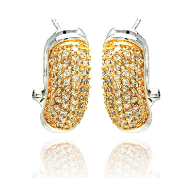 Sterling Silver Two-Toned Fancy Elongated Stud Earring Embedded with Micro Paved Clear Czs
