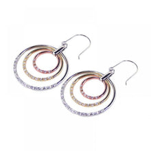 Load image into Gallery viewer, Sterlig Silver Fancy Three-Toned Graduated Open Circle Design Inlaid with Clear Czs Dangle Hook Earring