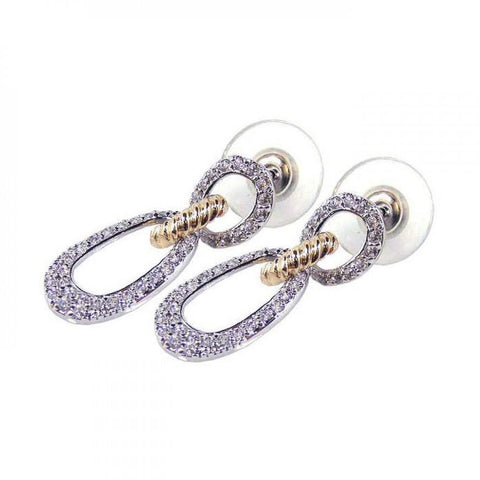 Sterling Silver Two-Toned Fancy Double Open Link Embedded with Micro Paved Clear Czs Dangle Stud Earring