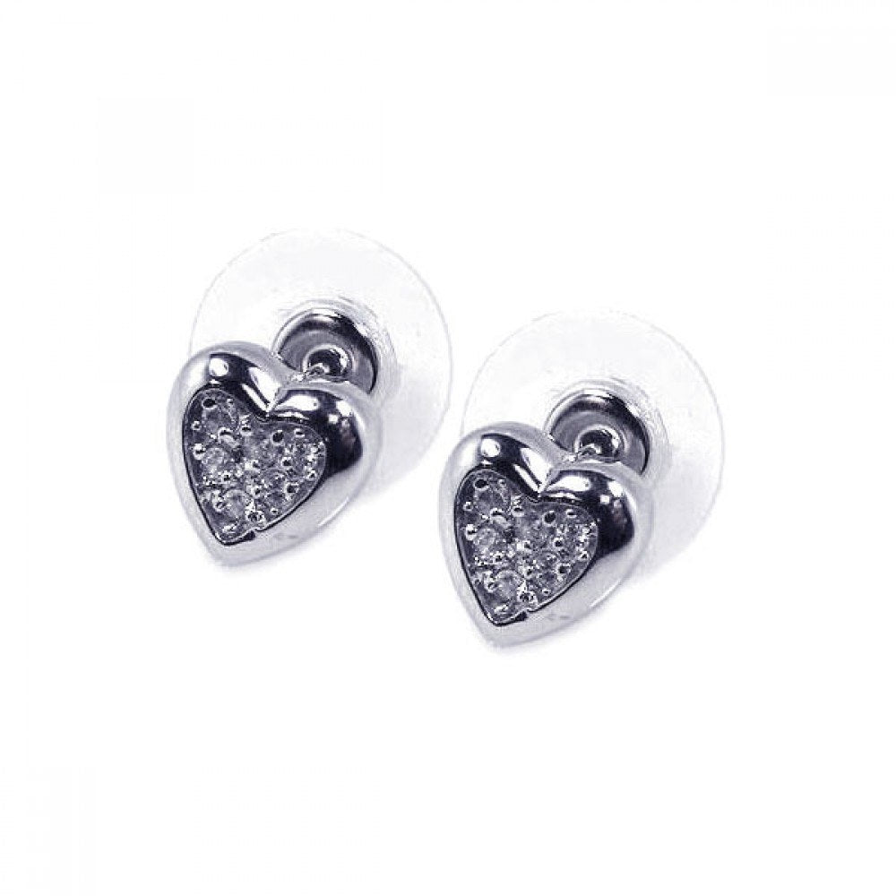 Sterling Silver Rhodium Plated Clear Heart Inlay CZ Stud Earrings