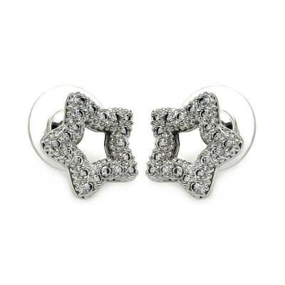 Sterling Silver Rhodium Plated Open Heart Shaped  Stud Earring With CZ Stones