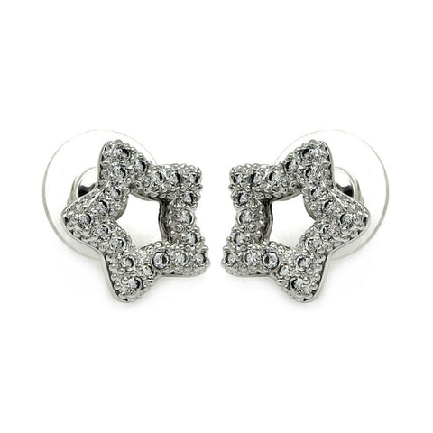 Sterling Silver Rhodium Plated Open Heart Shaped  Stud Earring With CZ Stones