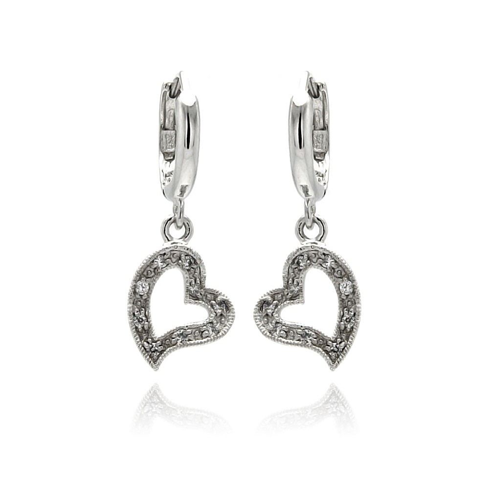 Sterling Silver Modish Paved Open Heart Design U-Leverback Earring with Earring Diameter of 12.8MM