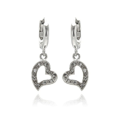Sterling Silver Modish Paved Open Heart Design U-Leverback Earring with Earring Diameter of 12.8MM