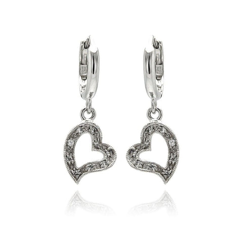 Sterling Silver Modish Paved Open Heart Design U-Leverback Earring with Earring Diameter of 12.8MM