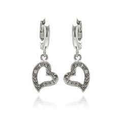 Sterling Silver Modish Paved Open Heart Design U-Leverback Earring with Earring Diameter of 12.8MM