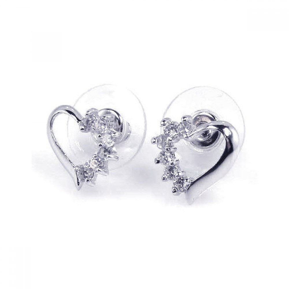 Sterling Silver Rhodium Plated Open Heart Shaped Stud Earrings With CZ Stones