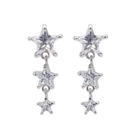 Sterling Silver Fancy Graduated Star Design Set with Clear Czs Dangle Stud Earring