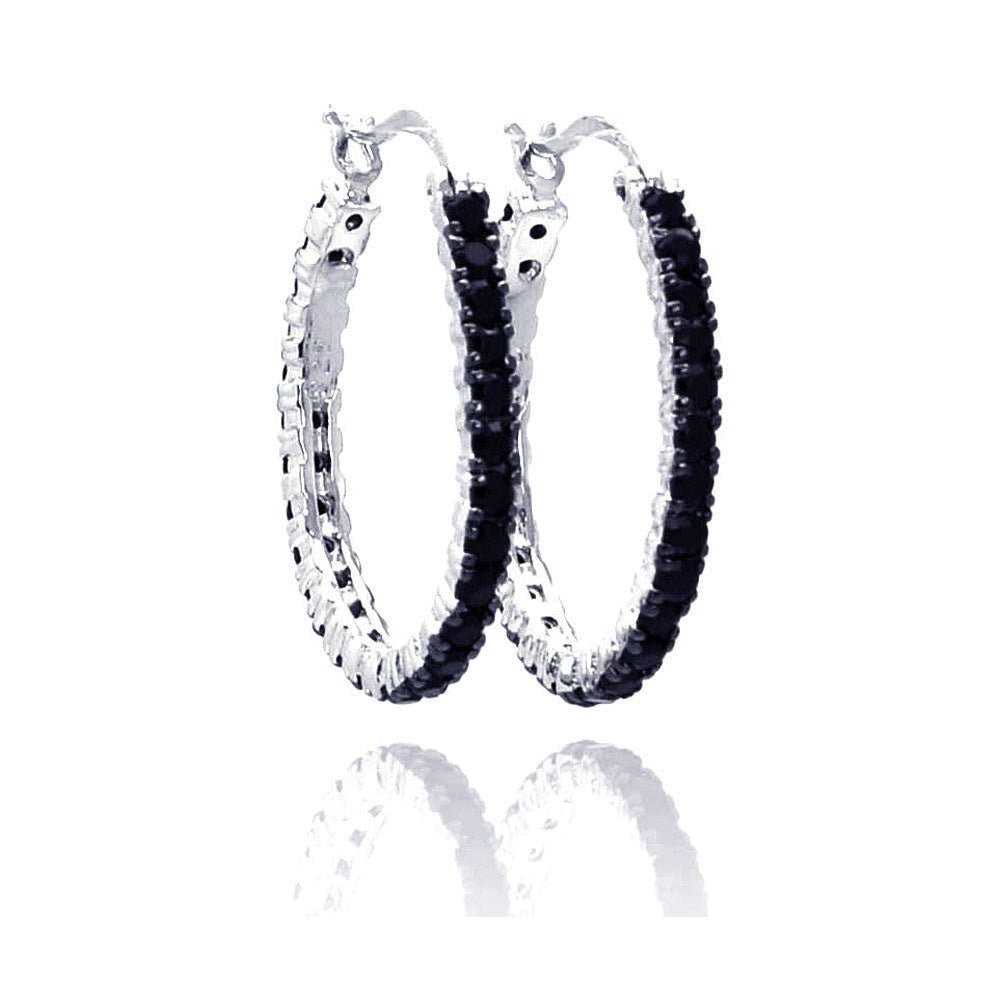 Sterling Silver Black And Rhodium Plated CZ  Hoop Earring