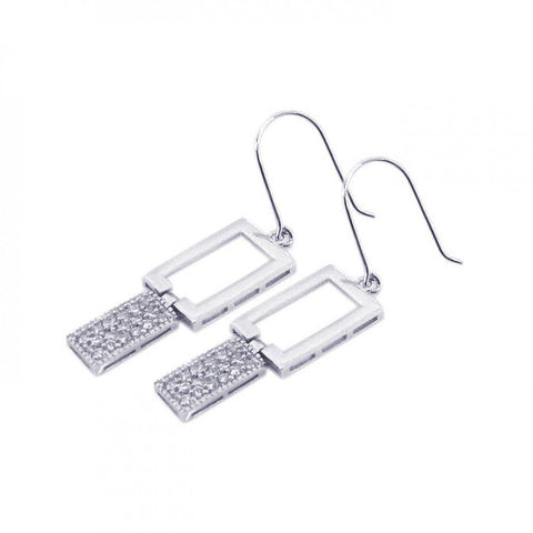 Sterling Silver Fancy Double Rectangle Link Design Embedded with Clear Czs Dangle Hook Earring