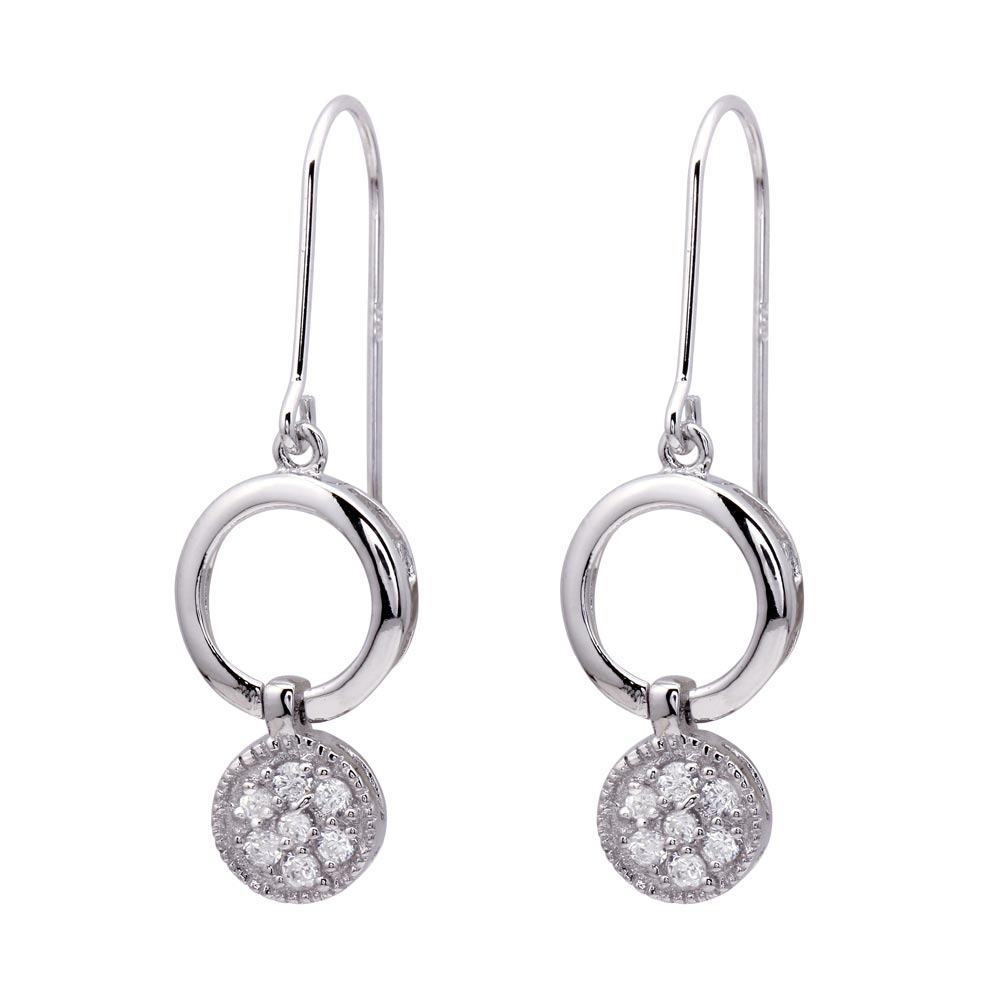 Sterling Silver Fancy Double Circle Link Design Embedded with Clear Czs Dangle Hook Earring