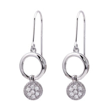 Load image into Gallery viewer, Sterling Silver Fancy Double Circle Link Design Embedded with Clear Czs Dangle Hook Earring