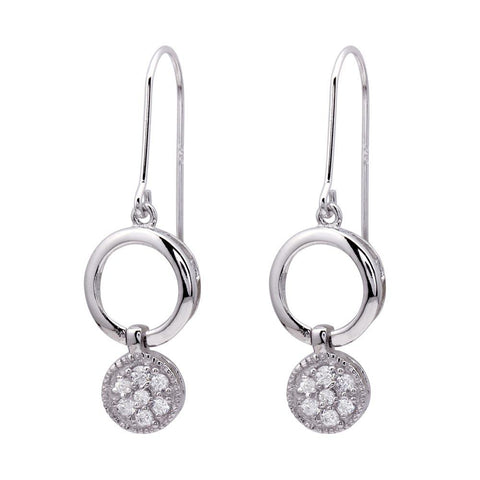 Sterling Silver Fancy Double Circle Link Design Embedded with Clear Czs Dangle Hook Earring