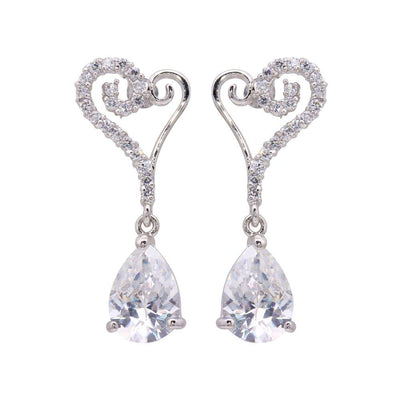Sterling Silver Fancy Paved Open Heart Design with Prong Set Pearshaped Cut Clear Cz Dangle Stud Earring