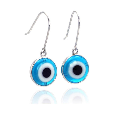 Sterling Silver Round Blue Evil Eye Design Dangle Hook Earring