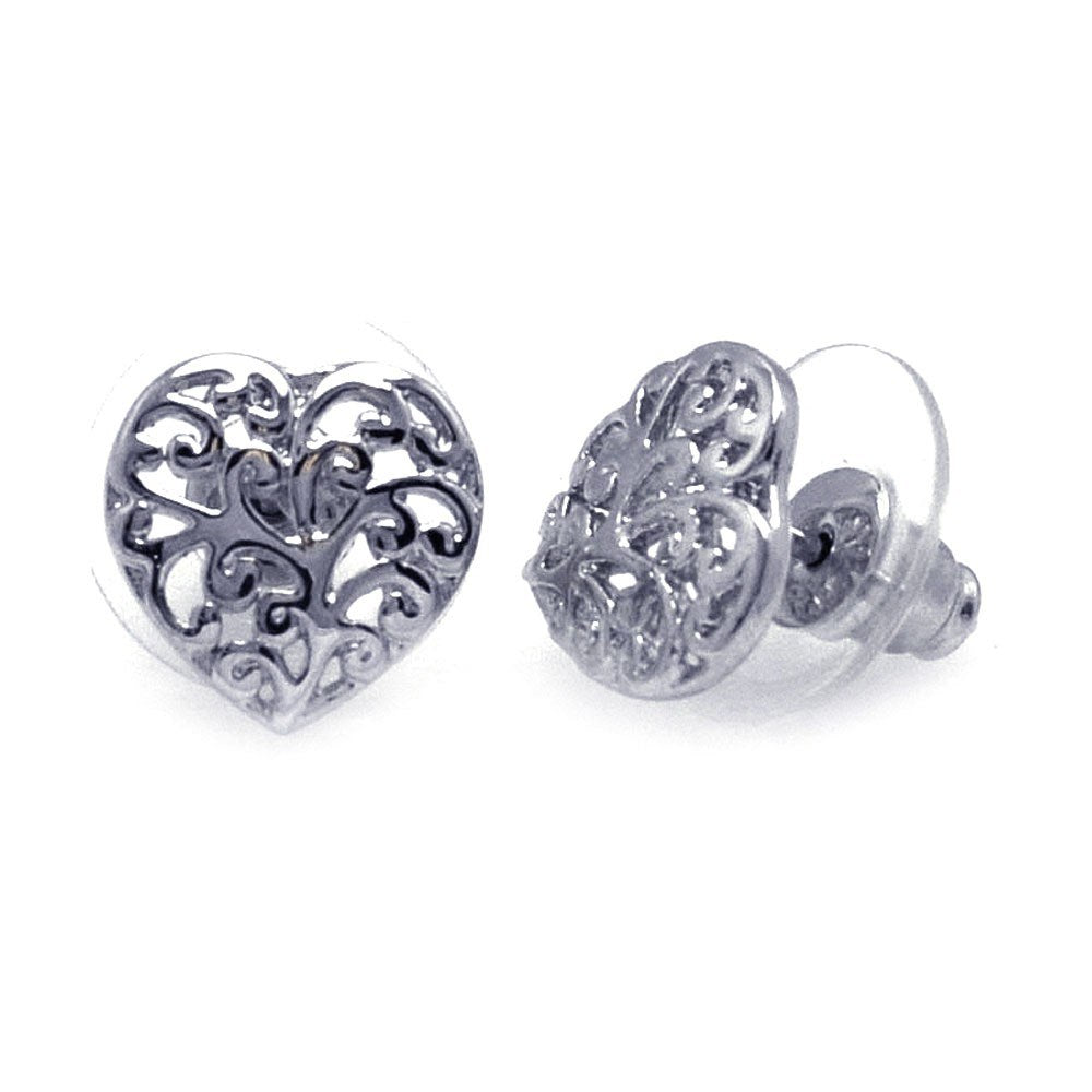Sterling Silver Rhodium Plated Open Heart Filigree Shaped Earring With CZ Stones