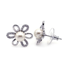 Load image into Gallery viewer, Sterling Silver Trendy Flower Design Inlaid with Clear Czs and Centered White Pearl Stud Earring