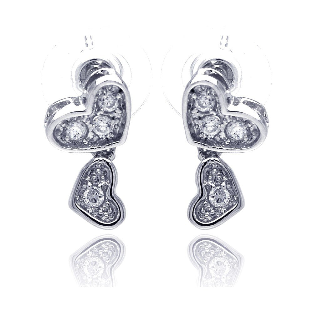 Sterling Silver Trendy Double Paved Heart Design Dangle Stud Earring