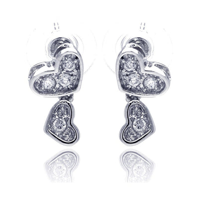 Sterling Silver Trendy Double Paved Heart Design Dangle Stud Earring