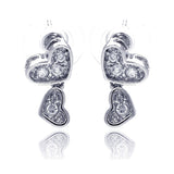 Sterling Silver Trendy Double Paved Heart Design Dangle Stud Earring