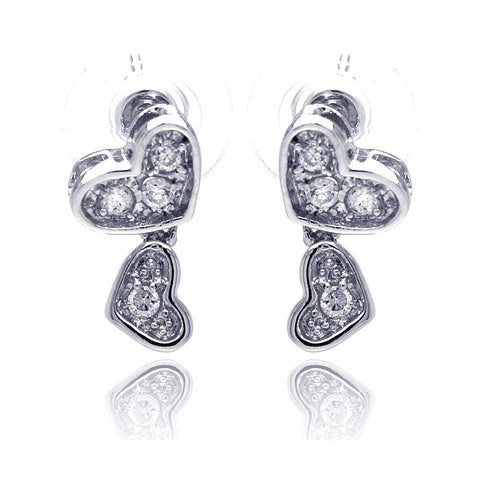 Sterling Silver Trendy Double Paved Heart Design Dangle Stud Earring