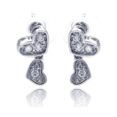 Sterling Silver Trendy Double Paved Heart Design Dangle Stud Earring