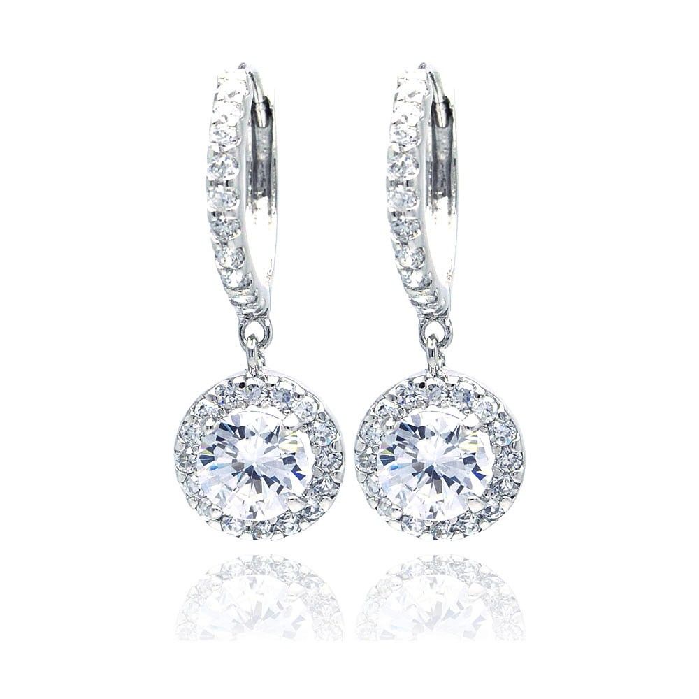 Sterling Silver Elegant Round Cut Clear Cz with Paved Halo Setting Dangle Leverback Earring