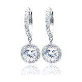 Sterling Silver Elegant Round Cut Clear Cz with Paved Halo Setting Dangle Leverback Earring