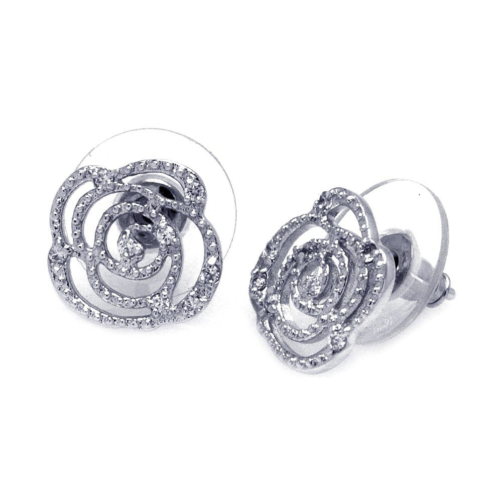 Sterling Silver Rhodium Plated Open Flower Shaped  Stud Earring With CZ Stones