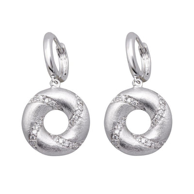 Sterling Silver Trendy Matte Finish Open Circle with Swirl Pattern Clear Czs Design Dangle Hoop Earring