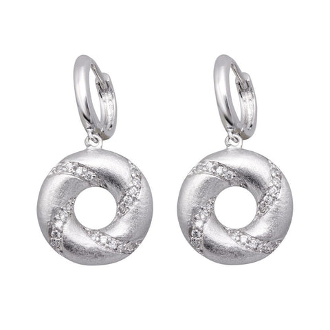 Sterling Silver Trendy Matte Finish Open Circle with Swirl Pattern Clear Czs Design Dangle Hoop Earring