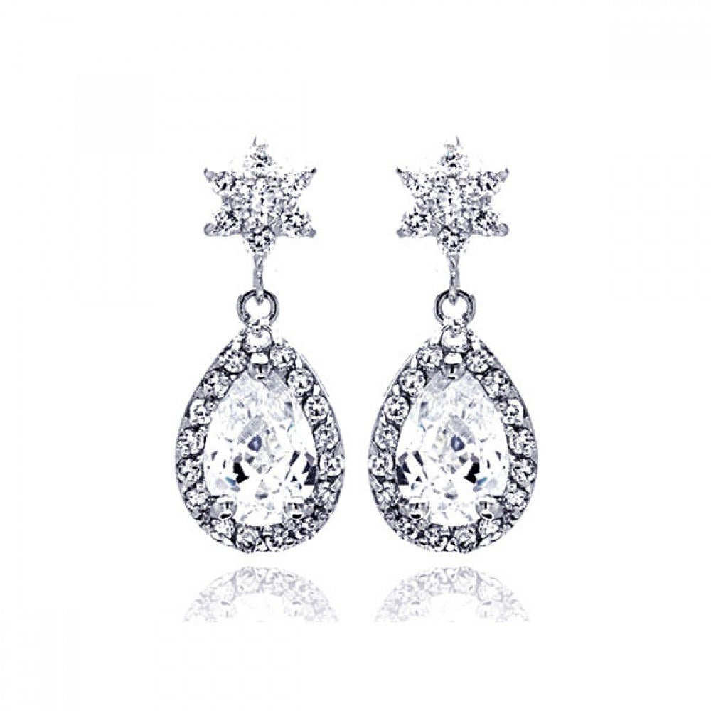 Sterling Silver Rhodium Plated Star Teardrop Center Clear CZ Inlay Outline Dangling  Stud Earring