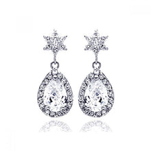 Load image into Gallery viewer, Sterling Silver Rhodium Plated Star Teardrop Center Clear CZ Inlay Outline Dangling  Stud Earring