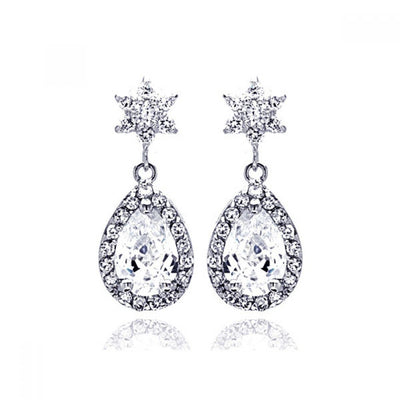 Sterling Silver Rhodium Plated Star Teardrop Center Clear CZ Inlay Outline Dangling  Stud Earring