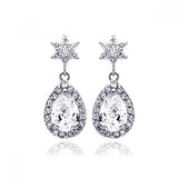 Sterling Silver Rhodium Plated Star Teardrop Center Clear CZ Inlay Outline Dangling  Stud Earring