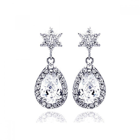 Sterling Silver Rhodium Plated Star Teardrop Center Clear CZ Inlay Outline Dangling  Stud Earring