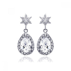 Sterling Silver Rhodium Plated Star Teardrop Center Clear CZ Inlay Outline Dangling  Stud Earring
