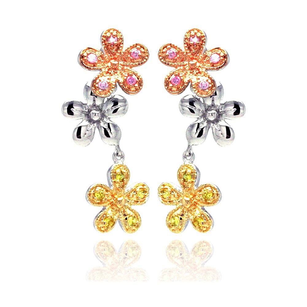 Sterling Silver Three-Toned Flower Link Design Embedded with Multi-Colored Czs