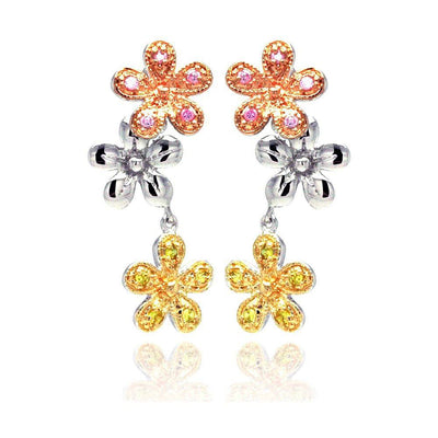 Sterling Silver Three-Toned Flower Link Design Embedded with Multi-Colored Czs